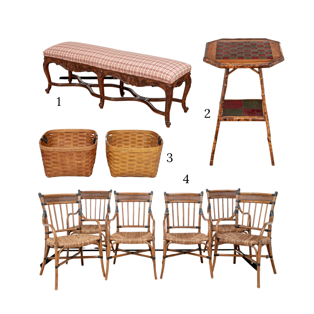 Vintage Auffray & Co. French Country Upholstered Bench (item #: 222177)Rustic Bamboo Game Table (item #: 222186)Pair of Woven Orchard Baskets (item #: 219024)Collection of Six Bamboo and Rattan Dining Chairs 